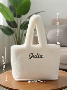 1pc Customized Embroidered Name/Text Plush Tote Bag - Soft Faux Fur Handbag, Suitable For Commuting, Travel, School, Lightweight & Elegant With Adjustable Shoulder Strap, Machine Washable, Great Christmas Gift