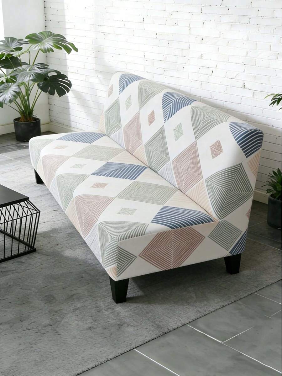 Line Block Print, Armless Sofa Bed Cover With Elastic All Inclusive Polyester Fiber Sofa Cover, Suitable For All Seasons