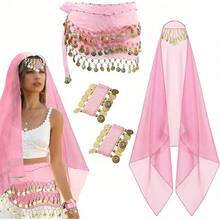 1 Belly Dance Set,Hand-Sewn Golden Coin Belly Dance Hip Scarf With Chiffon Bandana & Wrist Bracelets, Belly Dance Accessories - Multicolor - View 7