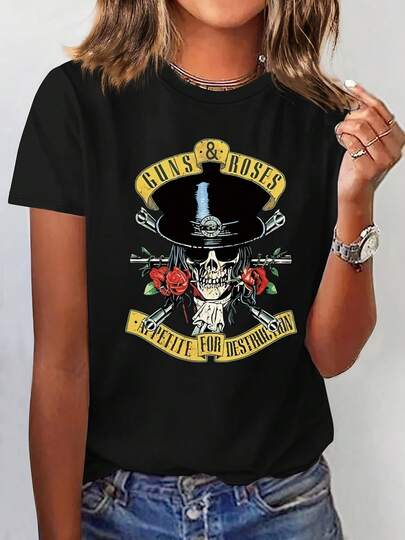 Camiseta de banda personalizada Guns N' Roses con estampado rockero y diseño exclusivo, ideal para fans de música, perfecto para conciertos y eventos casuales en tamaño completo y color negro, moda y estilo único camiseta mujer a la  ahora.