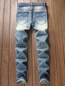 Men's Vintage Distressed Jeans - Heavy Stretch Slim Straight Pants, Mid-Waist Design, All-Season Belt-Free, Built-In YKK Zipper Closure - Plus Size Tall Casual Street Style Jeans (Machine Washable) - Light Blue Washed Effect - Suitable For Daily And Formal Outfits, Urban Fashion, Versatile Pants, Durable Denim Fabric, Reinforced Stitching, Avant-Garde Men, Plus Size - 海藍色 - 查看 2