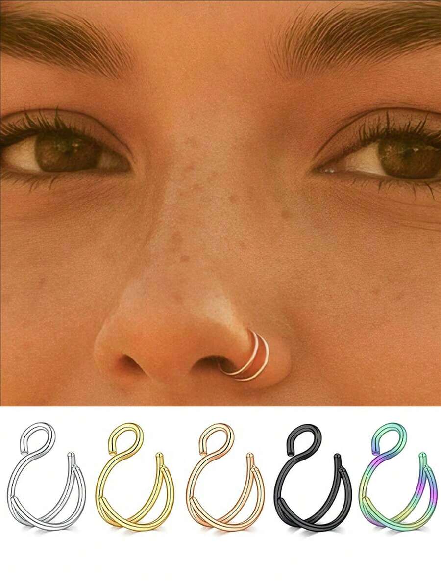Bộ 5/2 chiếc khuyên mũi giả hai lớp hình móc câu, khuyên môi giả, khuyên tai giả, có thể kẹp vào mũi, môi, tai, phù hợp với mọi loại trang sức cơ thể nữ, thích hợp cho sử dụng hàng ngày, tiệc tùng, lễ hội âm nhạc, làm quà tặng, kỳ nghỉ biển, các lễ hội (Tết Nguyên Đán, Halloween, Ngày Valentine, Lễ Phục Sinh, Giáng Sinh). - Nhiều màu - Xem 1