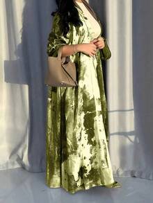 Elegant Abstract Print Long Sleeve Jalabiya Kaftan Dress, Made Of Non-Stretch Woven Fabric, Suitable For Women To Attend Various Occasions - Green - View 1