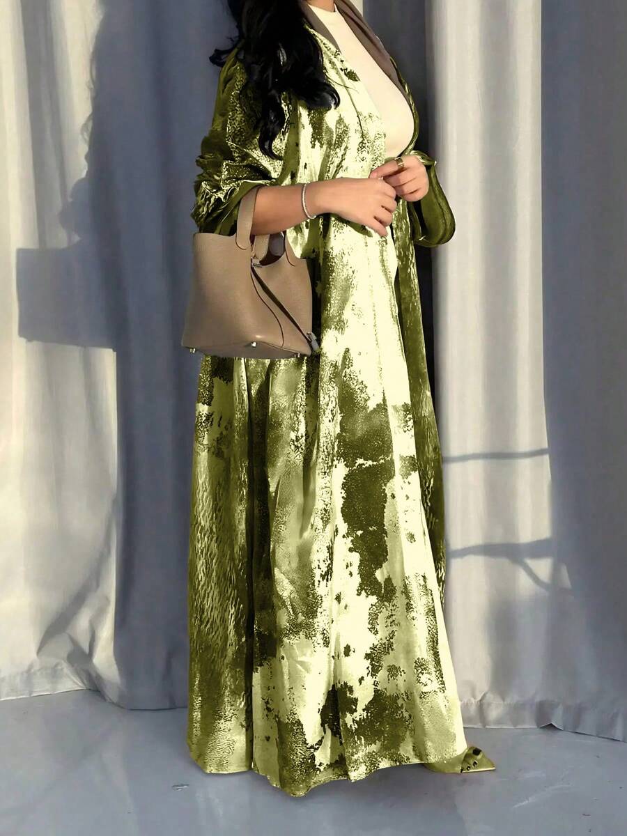 Elegant Abstract Print Long Sleeve Jalabiya Kaftan Dress, Made Of Non-Stretch Woven Fabric, Suitable For Women To Attend Various Occasions - Green - View 1