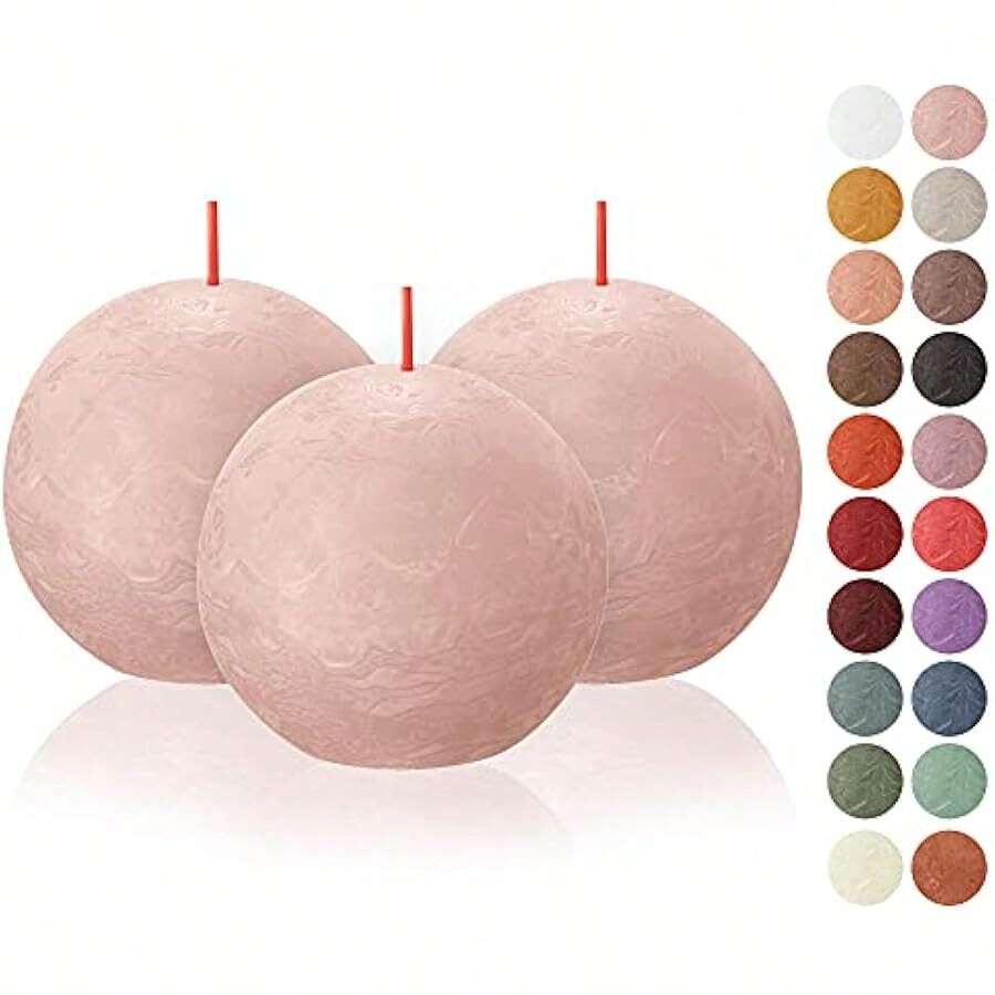 3 Pack Misty Pink Rustic Ball Pillar Candles - 3 Inch - Premium European Quality - Includes Natural Plant-Based Wax - Unscented Dripless Smokeless 25 Hour Party Décor And Wedding Candles Local Shipping - 迷霧粉 - 查看 1