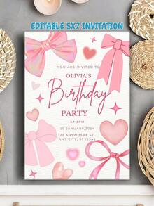 1 Personalized Bow Greeting Card (With Envelope) - Add Text, Photos Or Designs To Create Your Own Custom Card. Pink Bow Birthday Invitation: Cute Girl Party, Can Be Customized As A Folding Birthday Card, Thank You Card, Or Wedding Invitation.