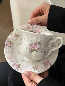 一套压花花卉陶瓷咖啡杯碟，法式简约陶瓷杯碟，花卉图案家用早餐牛奶杯、果汁杯、水杯、下午茶杯，高品质办公水杯、咖啡杯，礼品杯 - 彩色 - 查看 8