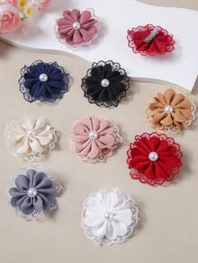 10个装女孩彩色布艺蕾丝双层珍珠花朵发夹，可爱百搭发饰，简约设计不伤发，返校季发饰，适合日常使用 - 彩色 - 查看 2