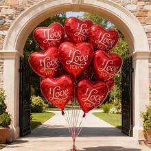 12个心形气球套装，18英寸可重复使用氦气球，印有“我爱你”字样，适合情人节、婚礼和爱情派对装饰。