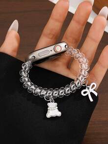 Y2K 透明弹力表带，适用于 38/40/41/42/44/45/46/49mm S11-42mm 表带，配有可爱蝴蝶结吊坠和珍珠小熊挂件，兼容 Ultra3/2/1/SE/Series11/10/9/8/7/6/5/4/3/2/1 等型号，适合用作表带、情人节手链挂件、夏季沙滩装。 - 無色 - 查看 5