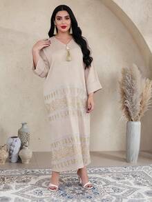 Elegant Embroidered Beaded Gold Arabic Dress JALABIA With Tassel V-Neck Slit Hem Mid-Length Sleeve, Graceful 2026 New Style Ramadan Traditional - Apricot - View 7