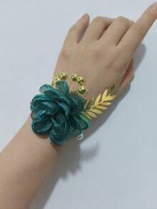 1pc Women's Wrist Camellia Flower Bracelet With Golden Leaf & Pearl Decor, Bridal Bridesmaid Bracelet For Wedding, Party, Daily Wear