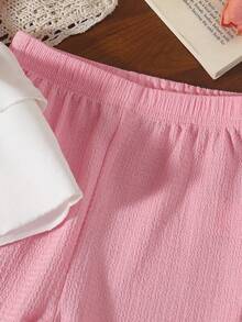 2pcs Girls Toddler Casual Bow Decor Soft Knitted Jacquard Short Sleeve Top And Flare Pants Set, Suitable For Outdoor Wear, Spring/Summer - Pink - View 8