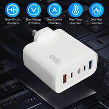 Cargador rápido de 65W - 3 puertos USB-C y 2 puertos USB | Enchufe del Reino Unido, compatible con smartphones, portátiles, tabletas como Galaxy Tab A11/S11/A9 Plus/Galaxy Book/17/16/15 (Cargador rápido + Cable de carga rápida USB C a C) - Ver 4