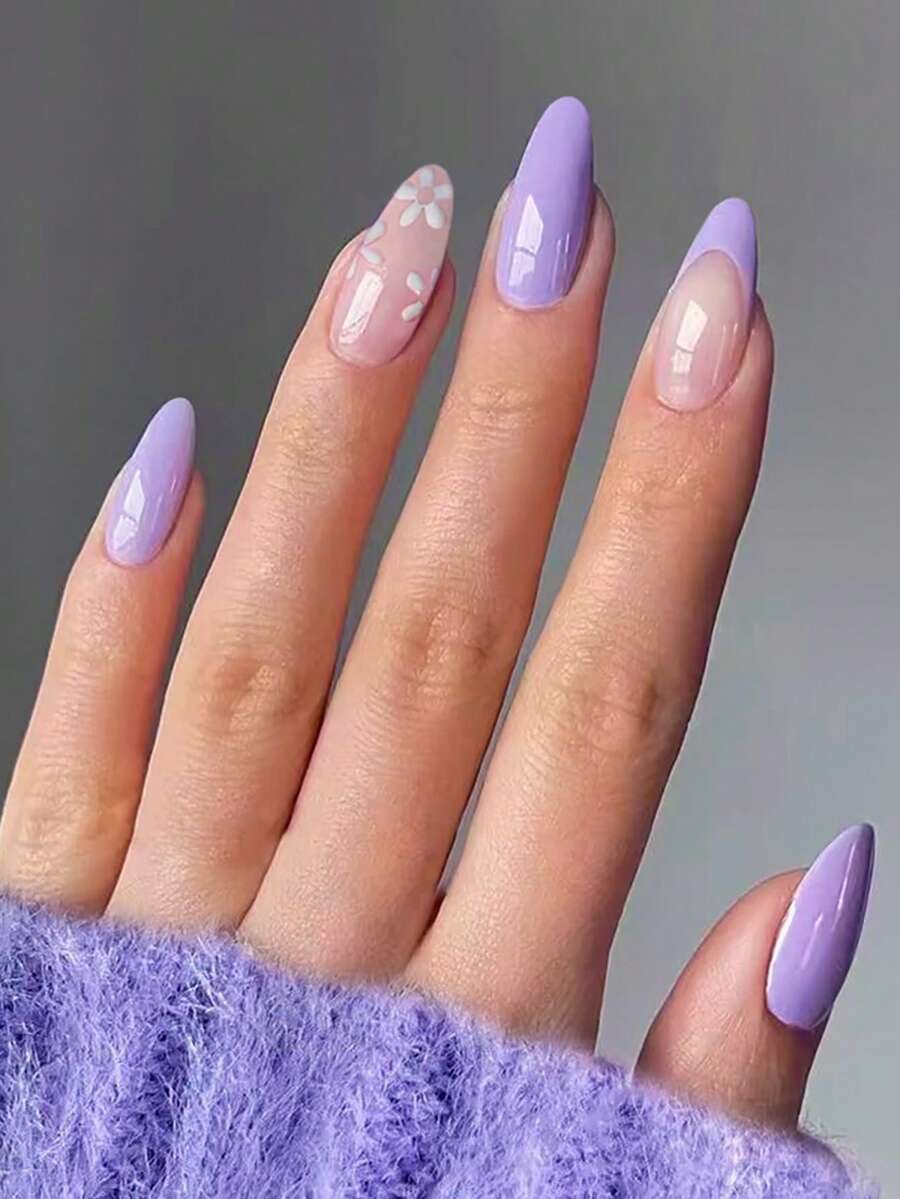 VV MEI JIA ER 24pcs Medium Size Purple Almond Flower Pattern Wearable Press-On Nails, Includes 1 Nail Glue Tape And 1 Nail File, Nail Art Supplies - Purple - View 1