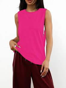 1pc Loose Fit Comfortable Solid Color Sleeveless Pullover Casual Sportswear For Daily, Running, Fitness, Spring/Summer - Hot Pink - View 4