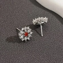 Pendientes de diseño de nicho de dopamina de la vida, pendientes de flores geométricas, pendientes de girasol con incrustaciones de diamantes completos y gemas multicolores - Rubí plateado - Ver 12