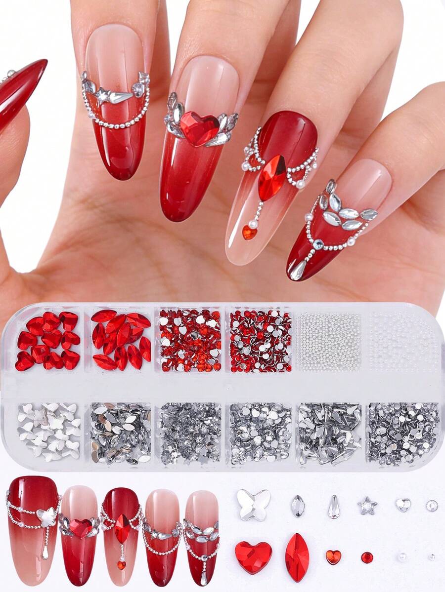 12格红白美甲水钻情人节主题美甲饰品套装，包含心形、蝴蝶、星星等款式，平底闪亮玻璃美甲贴片，配银色钢珠，DIY配件，节日美甲沙龙用品，美甲宝石 - 彩色 - 查看 1