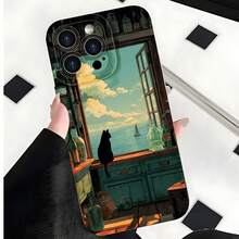 2026 nueva funda de teléfono esmerilada, funda de teléfono con silueta de gato, ventana con vista al mar, impresión artística para iPhone 17 14 13 12 11 Pro Max Se 2020  Galaxy S23 S22 S21 S20 Plus, funda ultra protectora para parejas, regalo de San Valentín o cumpleaños para él o ella - Azul Klein - Ver 4