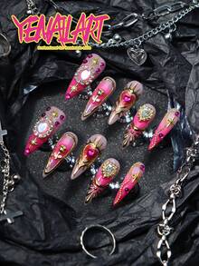 10片亚克力尖头美甲贴纸，北欧风，亮粉色，渐变色，优雅美甲宝石，3D立体装饰元素，镀金铬色，闪亮水钻装饰 - 粉色 - 查看 4