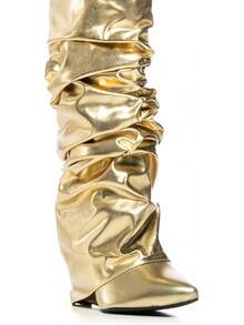 Women's Slouched Ruched Fold Over Boots - Patent Leather Covered Wedge Heel Wide Calf Pointed Toe Knee High Casual Boots - Gold - View 3