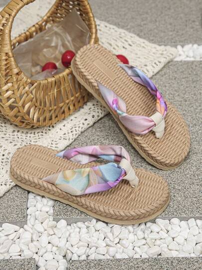 1 Pair Girls' Summer Bohemian Beach Sandals, Soft Bottom Lightweight Casual Outdoor Flat Flip Flops