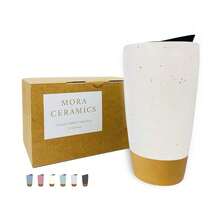 Mora Double Wall Ceramic Coffee Travel Mug With Lid, 14 Oz, Portable, Microwave, Dishwasher , Insulated Reusable Tall Cup, Splash Resistant Lid - To Go Tumbler For Car Cup Holder, Cotton White - 棉白 - 查看 2