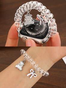 Y2K 透明弹力表带，适用于 38/40/41/42/44/45/46/49mm S11-42mm 表带，配有可爱蝴蝶结吊坠和珍珠小熊挂件，兼容 Ultra3/2/1/SE/Series11/10/9/8/7/6/5/4/3/2/1 等型号，适合用作表带、情人节手链挂件、夏季沙滩装。 - 無色 - 查看 9