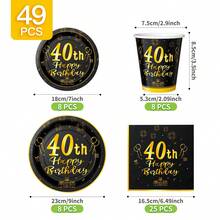 40th Birthday Black & Gold Disposable Plate, Napkin, Cup Set, Serves 8 Guests, Suitable For Birthday, Wedding, Party, Family Picnic - Multicolor - View 2