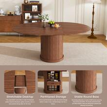 Extendable Oval Dining Table For 4-6 People With 2-Tier Storage, Space Saving Expandable Kitchen Table In Walnut Finish, Pedestal Base Design - Quả óc chó - Xem 4