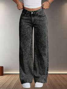 Vaqueros oscuros básicos, casuales y versátiles para mujer, holgados, de pierna ancha, vaqueros básicos de moda, una prenda de moda imprescindible para los desplazamientos diarios. - Gris - Ver 1