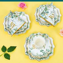 White Base Green Leaf "Oh Baby" Petal Shaped Disposable Plates, Napkins, Cups - One-Time Party Supplies Set, Fits 25 Guests, Disposable Paper Plates Party Tableware Suitable For Birthday, Wedding, Theme Party, Family Picnic - Multicolor - View 5