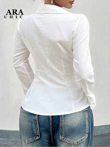 ARA CHIC Women's White French Style Long Sleeve Blouse, Metal Buttons, Irregular Lapel, Fashionable Pleats, Waist Cinching Design, Casual Top, Suitable For Vacation And Party Wear, 2026 Spring/Summer New Arrival - White - View 5