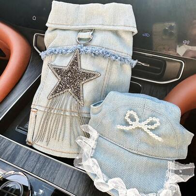 2 piezas Ropa para mascotas, Atuendo para perro y gato, Ropa para perro y cachorro pequeños, Conjunto de chaqueta cómoda y elegante + sombrero con perlas