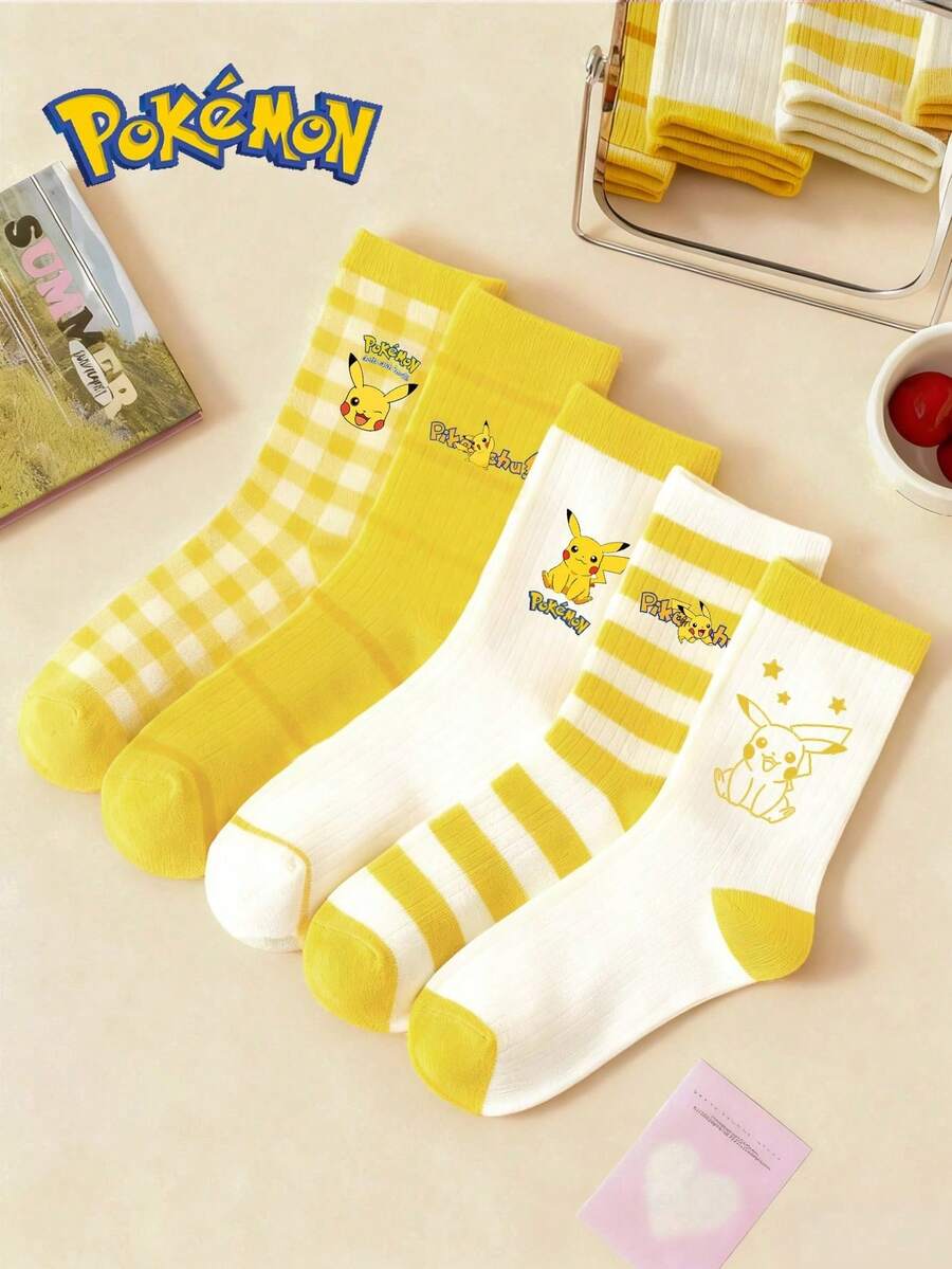 pokemon Conjunto de 5 pares de meias Pokémon com estampa de desenho animado, macias e respiráveis, cano médio, calcanhar e ponta reforçados para maior durabilidade, unissex e ideais para todas as estações. - Multicolorido - Ver 1