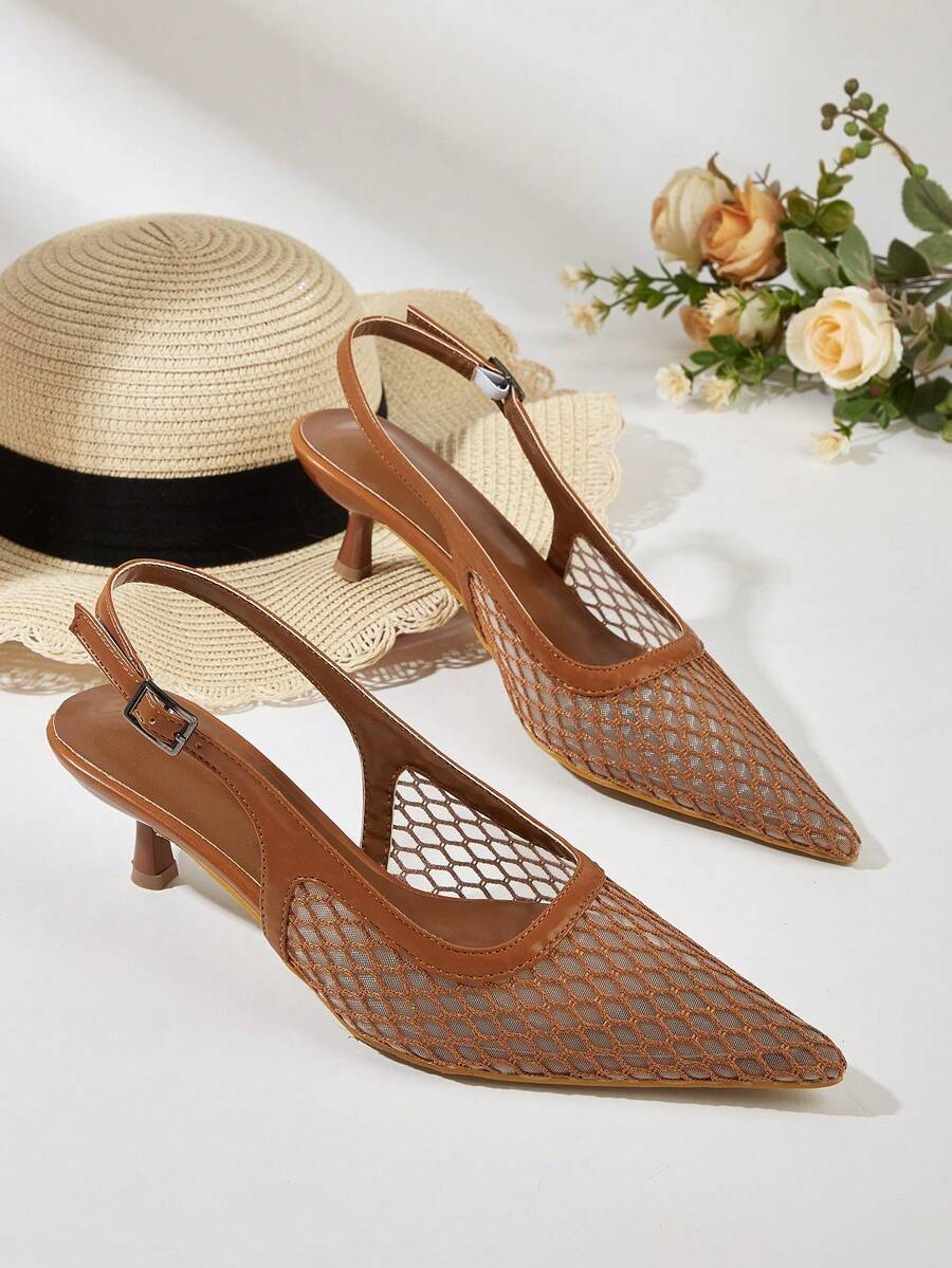 Tacones de aguja minimalistas con malla transpirable y hebilla para oficina - Marrón - Ver 1