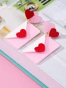 1 Pair Of Pink Envelopes And Heart-Shaped Earrings, A Daily Gift For Girls, Suitable For Valentine's Day, Parties, Mother's Day Gifts, Women's Accessory Earring Set Earrings, Summer, Beach, Bohemian, Women's Earrings - 信封 - 查看 8