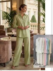 ESTELA MODA SHIRT WITH LINEN PANTS Casual Elegant Pocket Button Wedding Holiday Beach - Green - View 2