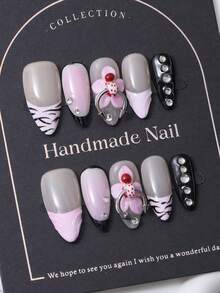 Bộ 10 miếng dán móng tay hình hạnh nhân thủ công, phong cách Pháp màu hồng Y2K, họa tiết chạm khắc 3D, thiết kế đính đá hình ngựa vằn vẽ tay. Bao gồm 1 gel dán và 1 dũa móng. Thích hợp cho sử dụng hàng ngày và các lễ hội âm nhạc, lý tưởng để dán móng và sử dụng trong chăm sóc móng. - Hồng - Xem 3