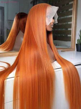 Peluca frontal de encaje de 34 pulgadas con densidad del 200% y transparencia HD para mujeres - Peluca frontal de encaje sin pegamento y sin habilidades, con cabello bebé, color naranja jengibre #350, nudos blanqueados, línea de cabello natural - Ajuste cómodo, cabello humano mezclado, peluca sin pegamento para uso diario