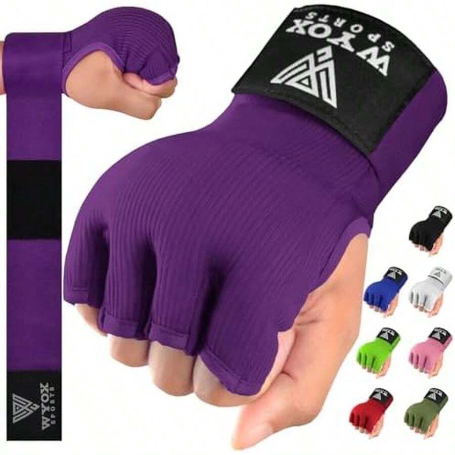 WYOX Vendas de Gel Boxeo, Guantes Interiores para Hombre y Mujer, Correa de muñeca de 80 cm, Soporte Acolchado para Nudillos, Vendas sin Dedos para Entrenamiento de MMA - S/M-Púrpura - Ver 1