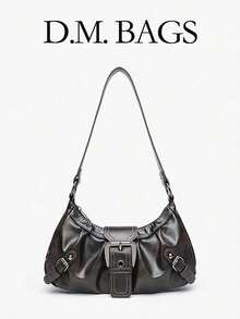 Y2K Vintage Soft Distressed Leather Motorcycle Bag With Rivet, Buckle, Pleated Cloud Decor, Shoulder/Underarm Bag, Suitable For Work, Commute, Date, Party, Street & Japanese Bag For Women, Halloween Purse Perfect For Fancy Party Halloween Fashion & Gothic Fashion , Vintage Bag - 咖啡棕 - 查看 7