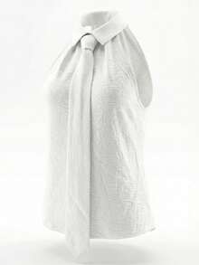 Women's White Crinkle Fabric Tie Collar Elegant Sleeveless Off-Shoulder Blouse, Versatile Summer Top - White - View 7