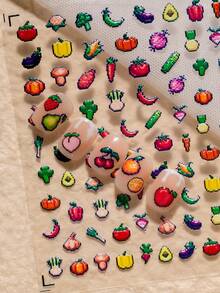 一款日式像素风美甲贴纸，采用浮雕纹理，色彩鲜艳，图案精致，包含草莓、牛油果、辣椒、西兰花等各种水果蔬菜图案，适合个人DIY和美甲沙龙使用。 - 彩色 - 查看 2