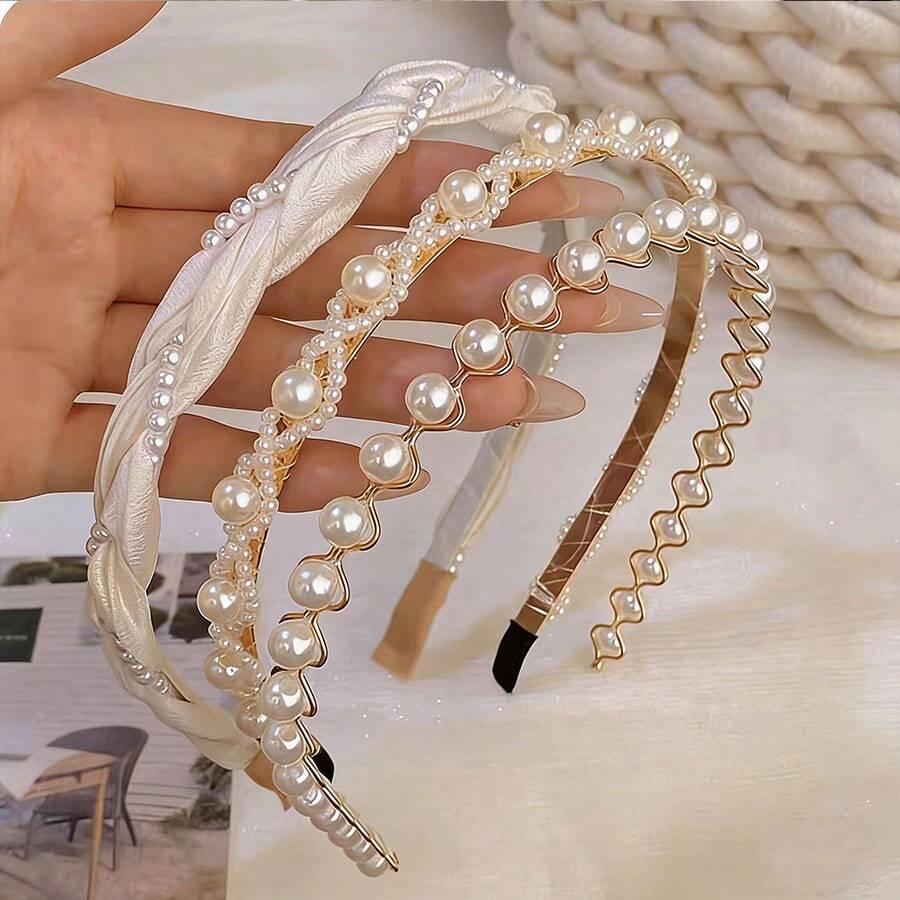 3 buc bentiță de păr cu perle artificiale pentru femei, cerc elegant în stil francez, 2026 accesorii pentru coafură elegante cu coroană înaltă pentru exterior, bandă de păr, accesorii pentru păr pentru casă, vară, vacanță, călătorie - alb - Vizualizare 1