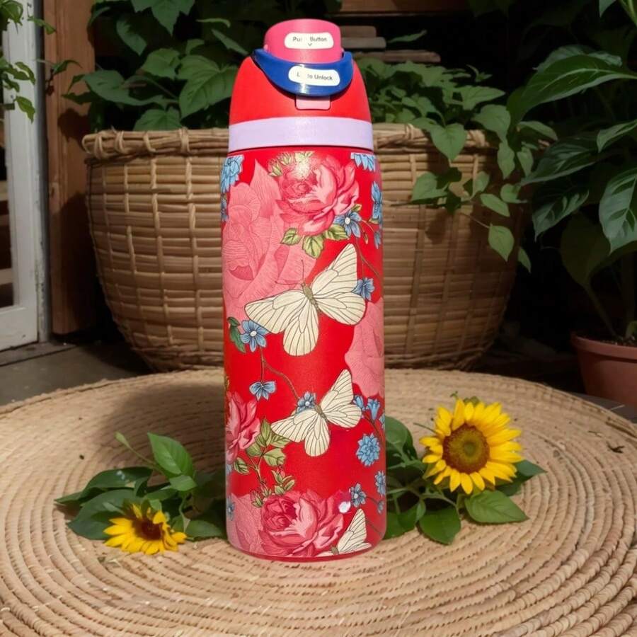 Owal'o 32oz  Stainless Steel Insulated Water Bottle - Keeps Beverages Hot Or Cold For Extended Periods, Available In Various Floral Designs, Features A Pop-Up Lid, Carrying Handle, And Straw, Perfect For Outdoor Activities, Car Use, Sports, And As A Gift. - 紅色 - 查看 1