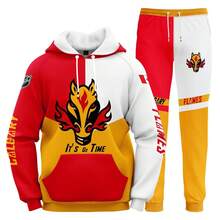 Calgary-Flames Men'S Stylish 3D Lion Print 2pcs Athletic Wear Set - Long Sleeve Hoodie & Joggers, Casual Outdoor & Gym Wear For Spring/Fall, Football Team Pattern Design, Comfortable & Breathable Fabric, Perfect For Comfortable Fit - Nhiều màu - Xem 1