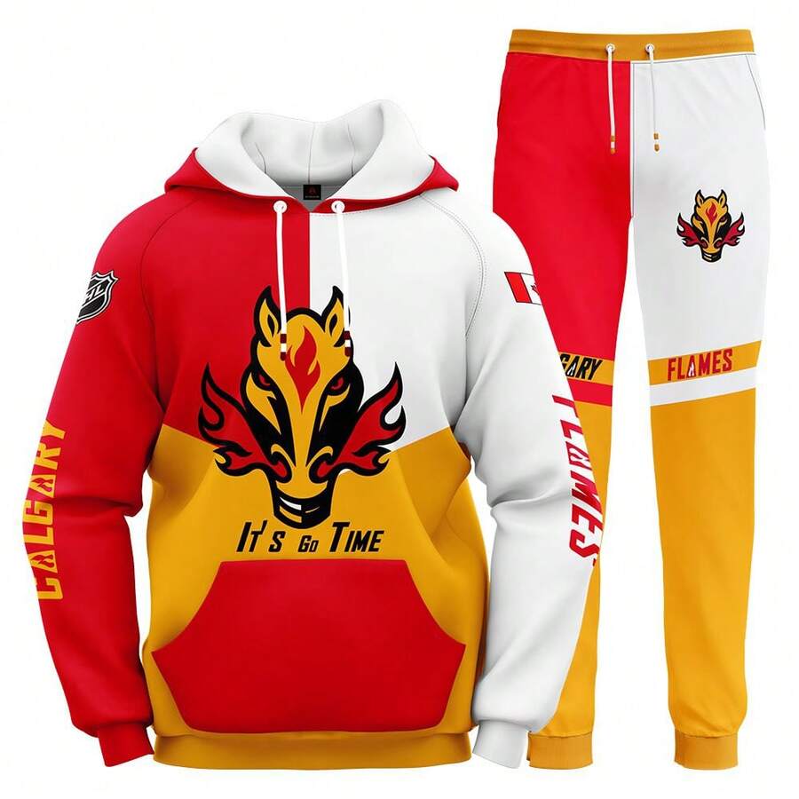 Calgary-Flames Men'S Stylish 3D Lion Print 2pcs Athletic Wear Set - Long Sleeve Hoodie & Joggers, Casual Outdoor & Gym Wear For Spring/Fall, Football Team Pattern Design, Comfortable & Breathable Fabric, Perfect For Comfortable Fit - Nhiều màu - Xem 1
