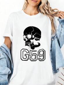 Women's T-Shirts Skull With Goggles And G59 Text 100%, Breathable-4 - White 5 - View 2