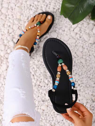Women's Summer Solid Color Beaded Thong Elastic Band Flat Sandals, Bohemian Style Fashion Versatile Retro Roman Sandals